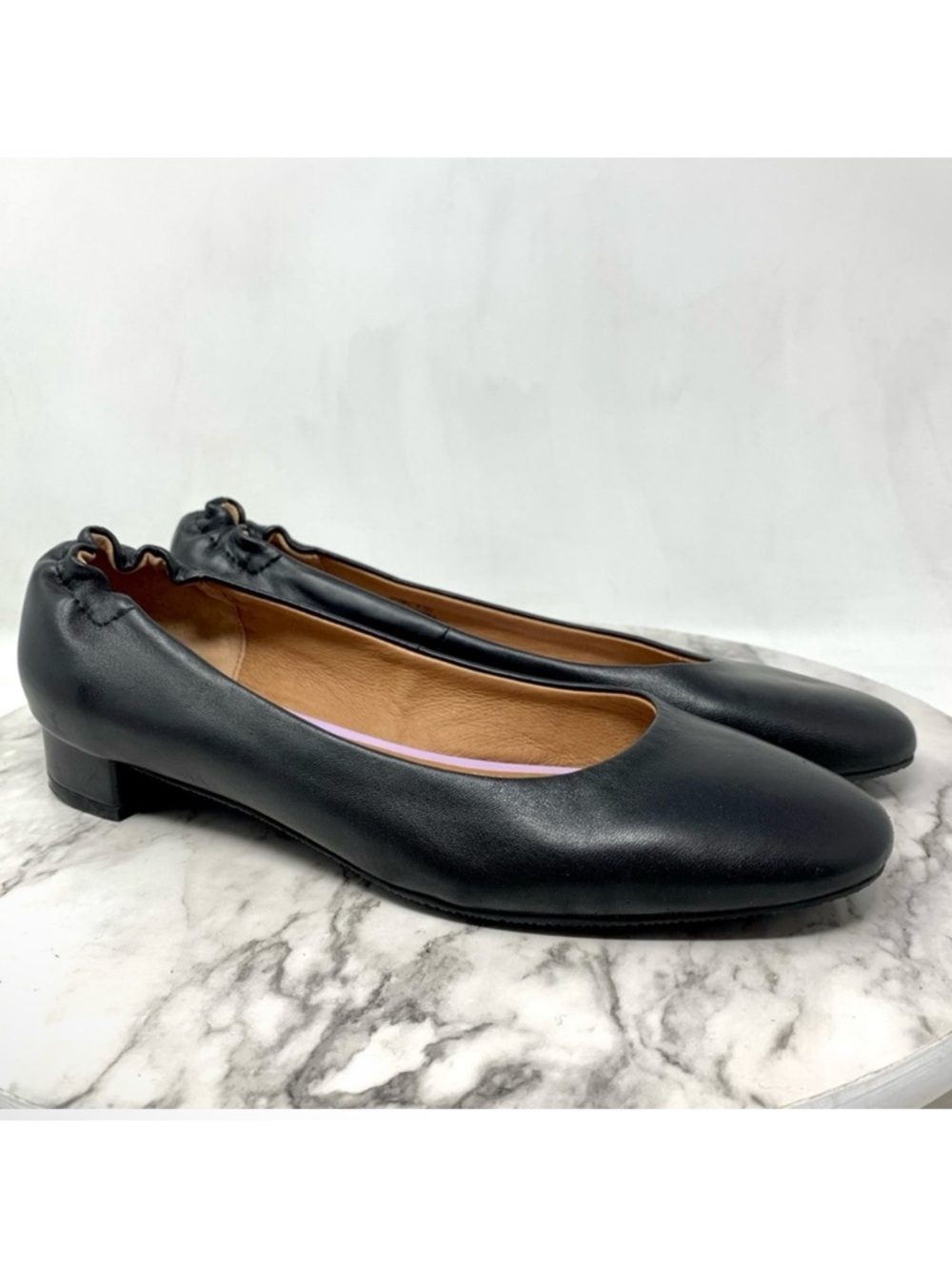 Sudini Zabel Black Leather Block Heel Flats 8.5 Minimalist Classic Modern Ballet
